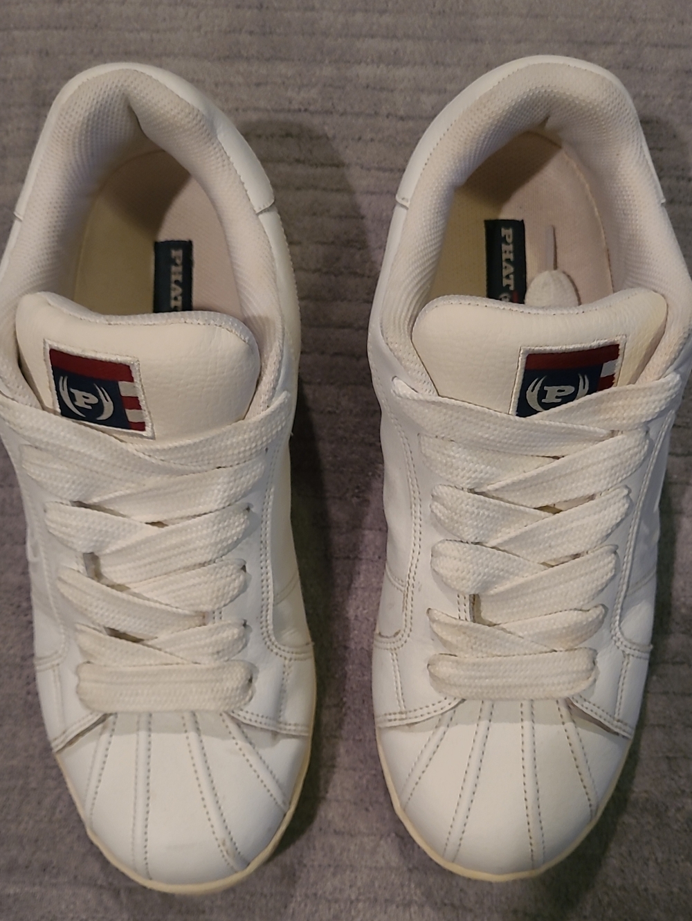 Phat Farm Men's White Leather Low-Top Sneakers with Navy & Red Logo Size 10